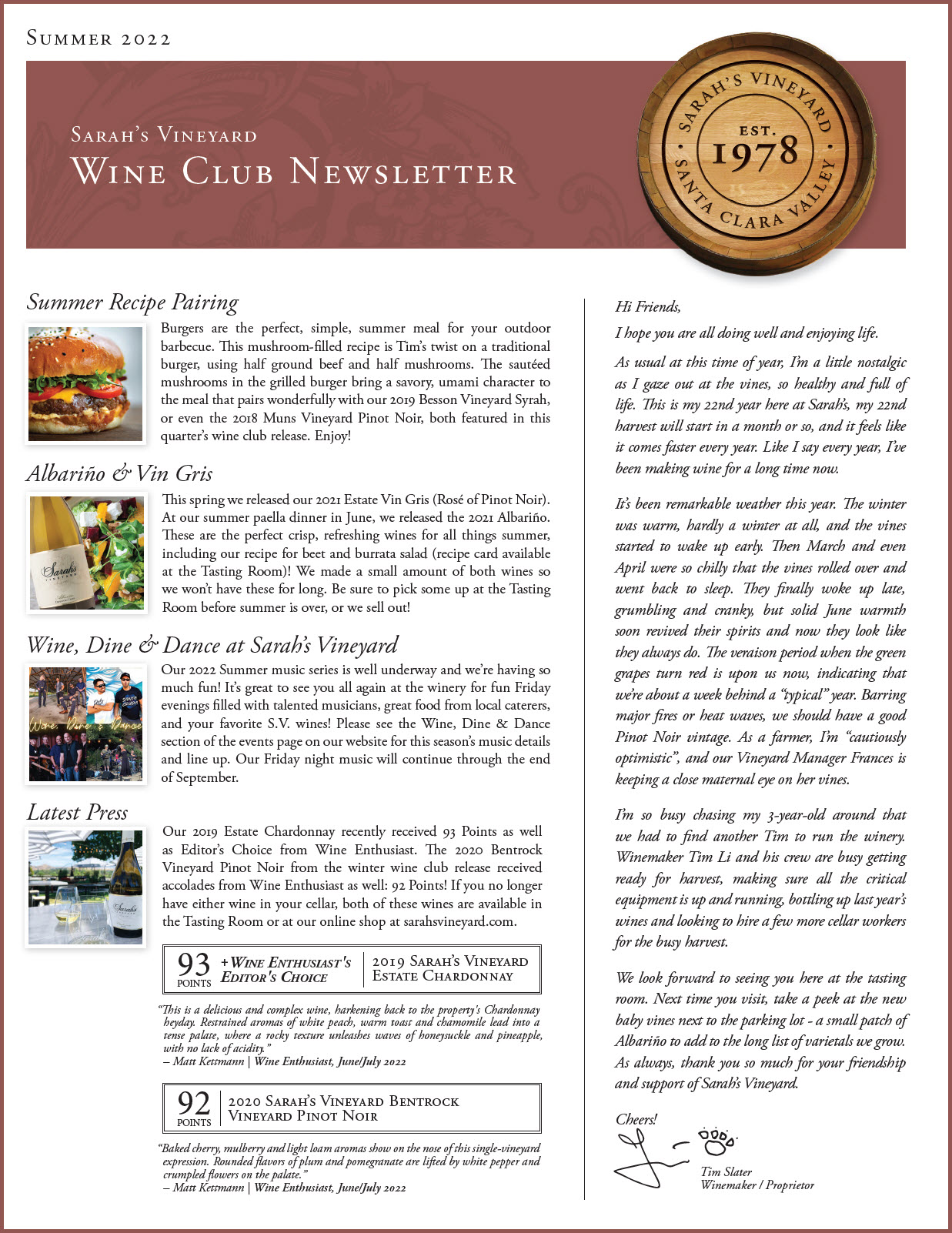 Sarah's Vineyard Summer 2022 Newsletter