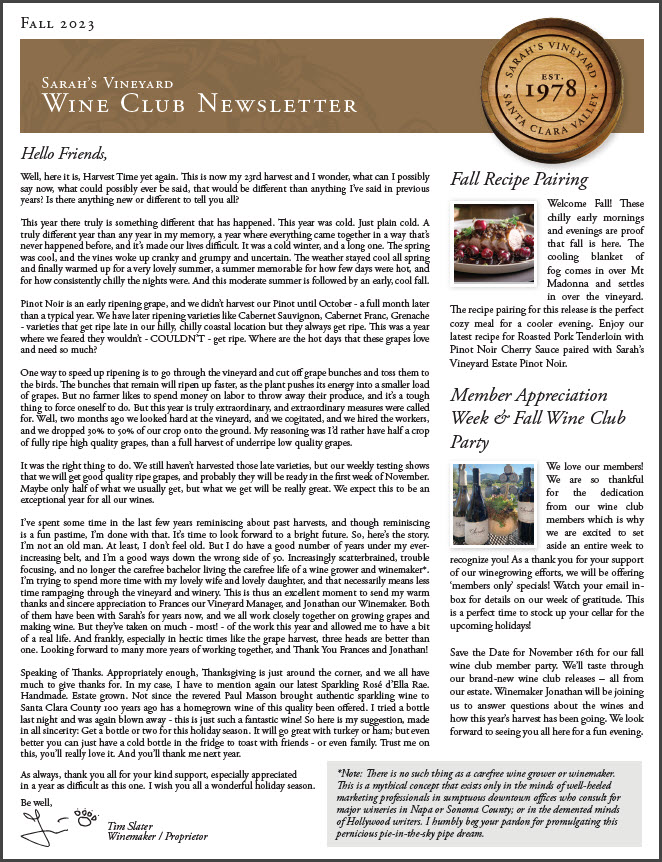 Sarah's Vineyard Fall 2023 Wine Club Newsletter