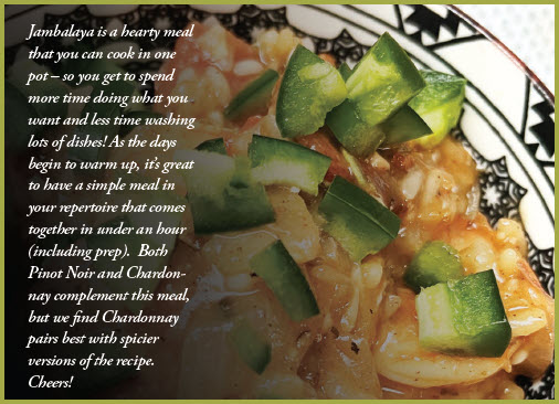 Jambalaya in bowl with quote about recipe