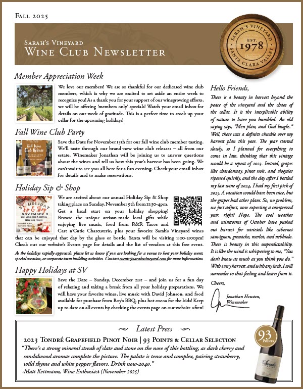 Sarah's Vineyard Fall 2025 Newsletter