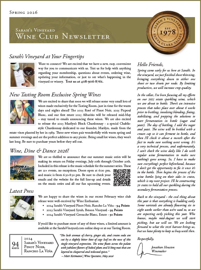 Sarah's Vineyard Spring 2026 Wine Club Newsletter