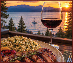 Pork Tenderloin on plate with wine with sunset over lake